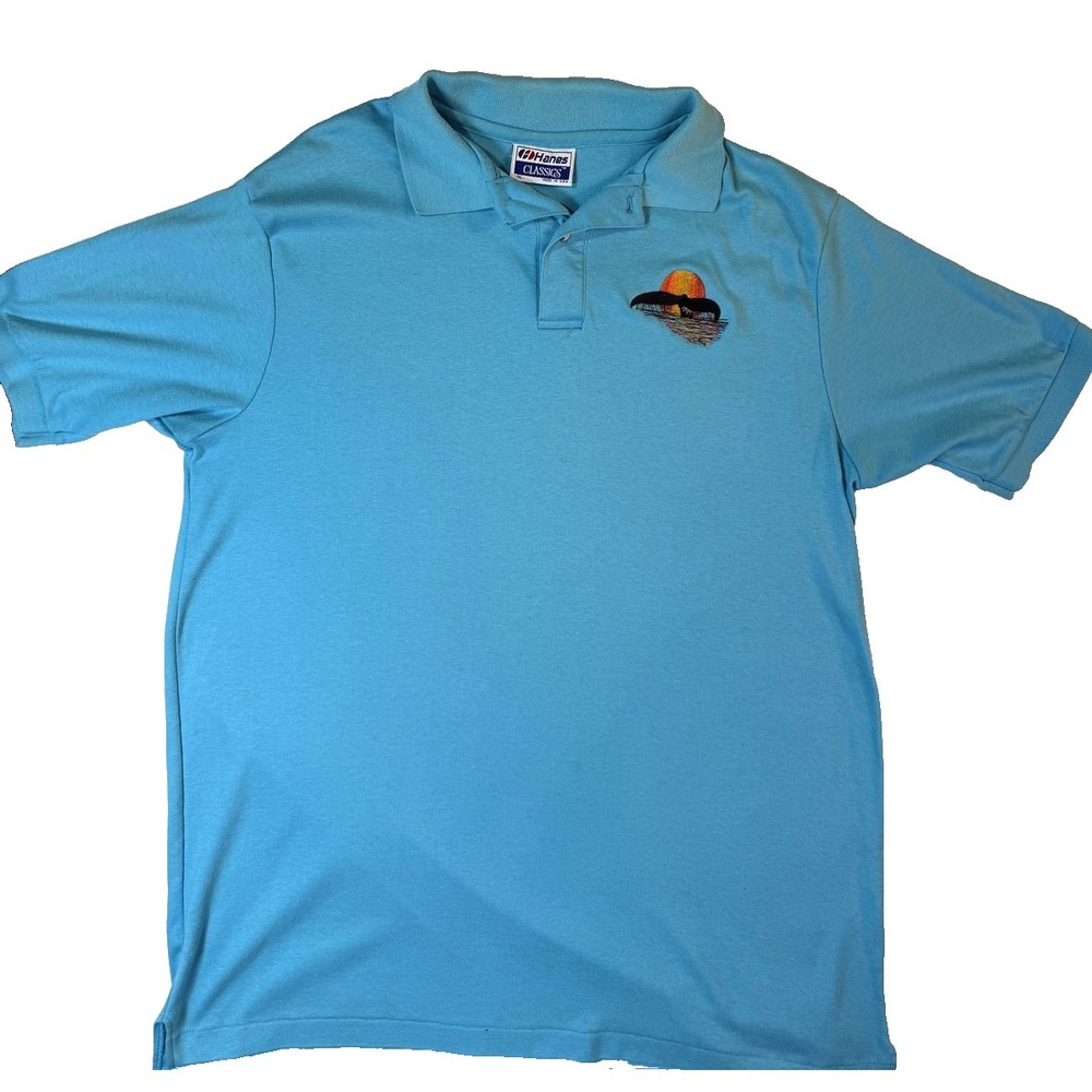 Vintage 80s Single Stitch Polo Shirt Mens L Blue Embroidered Sunset Whale USA